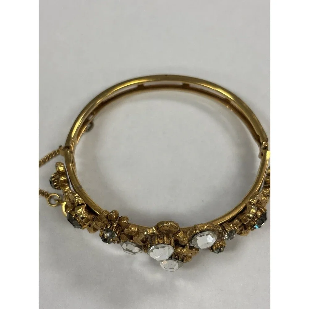 Rare Vintage Signed FLORENZA Floral Rhinestone Hinged Bangle Bracelet Gold HTF